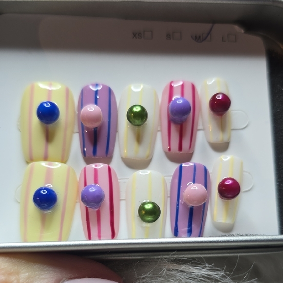 Other - Short 3D Bubble Press On Nails White Pastel Stripe Kawaii Y2K Set